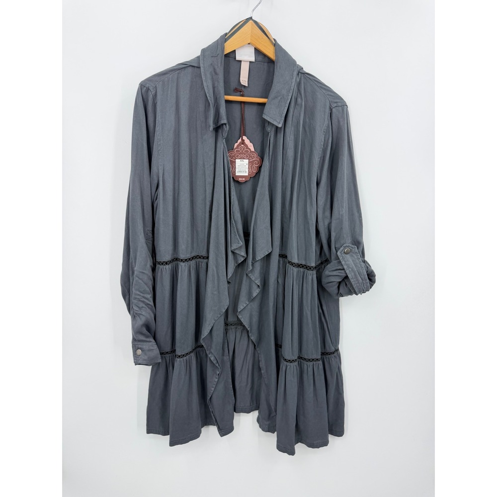 Knox Rose Open Front Duster Jacket Women XXL Charcoal Gray Tiered Lace Trim NEW